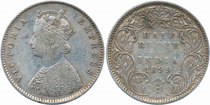 Victoria Empress, Silver 1/2 Rupee, 1899, C incused, A/I. Very fine.