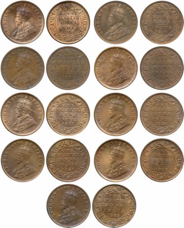 George V, Bronze, 1/4 Anna (9), 1912, 1913, 1917, 1920, 1925, 1926, 1929, 1933 & 1934. Ver