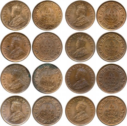 George V, Bronze, 1/12 Anna (8), 1914, 1917, 1923, 1929, 1930, 1933, 1934, 1936. Very fine