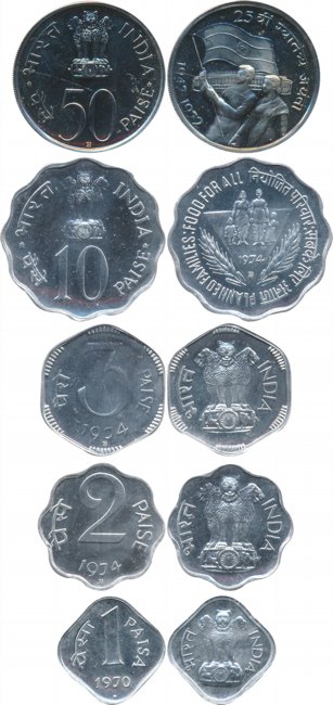 1972, Proof (4), Paisa 50 & 1974, Paisa 10, 3 & 2, Uncirculated, 1970, Paisa 1. 5 coins.