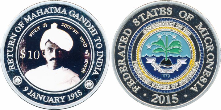 Federal States of Micronesia, Cupro Nickle, Dollar 10, "Return of Mahatma Gandhi to India"