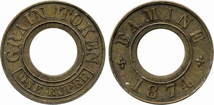 Famine Relief Grain Token, Brass, 1 Rupee, 5.14g, Proof, Obv: Grain Token, One Rupee, Rev: