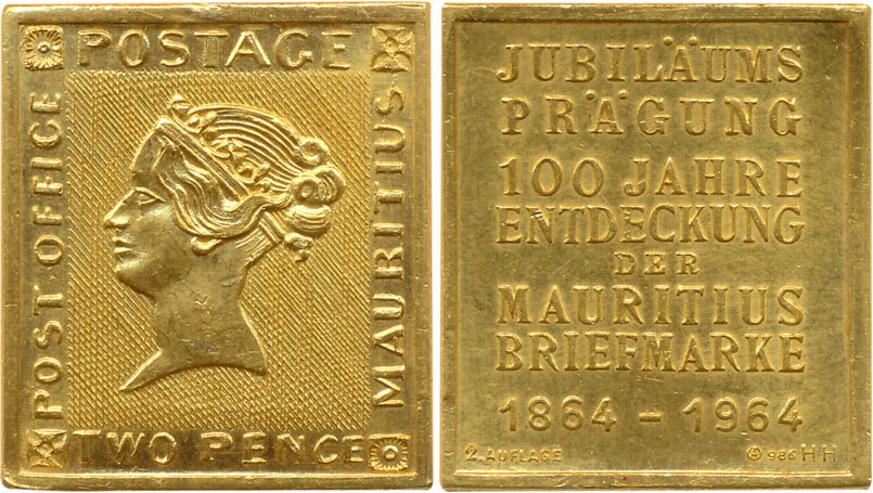 Germany, Gold Token, 2 Pence Stamp, 11.66g, 1964, 100th Anniversary of Mauritius 2 Pence S