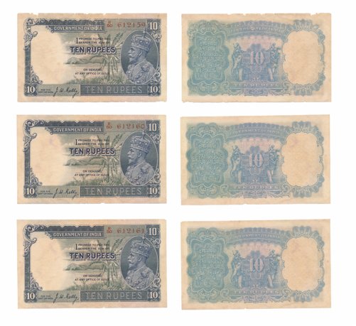 George V, Rupees 10, Consecutive 3 Notes, Type 8, 3rd Issue, Signed J. W. Kelly, Prefix R/
