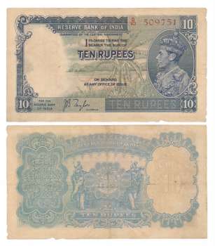 George VI, Rupees 10, Type 5, 1st Issue, Signed J. B. Taylor, Prefix D/10 (Jhun# 5.1). Usu