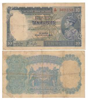 George VI, Rupees 10, Type 5, 1st Issue, Signed J. B. Taylor, Prefix A/36 (Jhun# 5.1). Usu