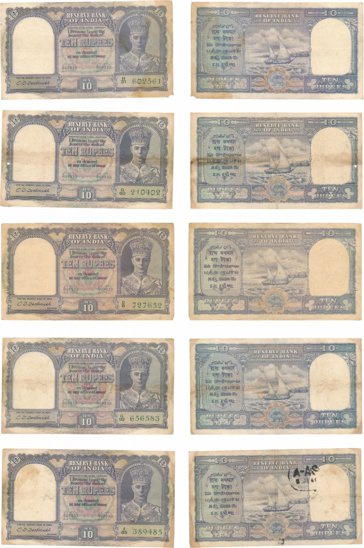 George VI, Rupees 10 (5), Type 6, 2nd Issue, Signed C. D. Deshmukh, Prefix H/31, G/18, D/8