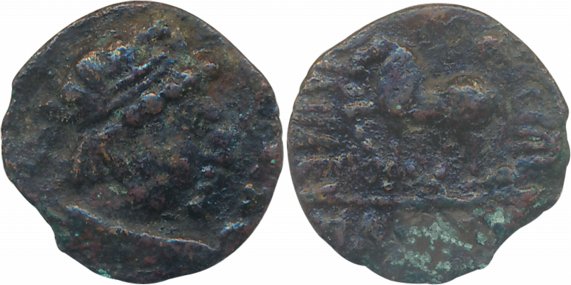 Kushans, Vima Takto, Copper Drachma, 2.26g, "Imitating Heliocles II" type, Obv: Crude bust