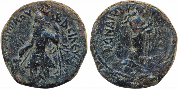 Kushans, Kanishka, Copper, 8.28g, Obv: King facing to left, offering fire alter, Greek leg