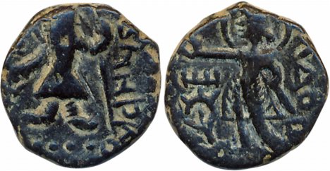 Kushans, Kanishka, Copper, 2.95g, Obv: King standing to left offering to fire alter, Rev: 