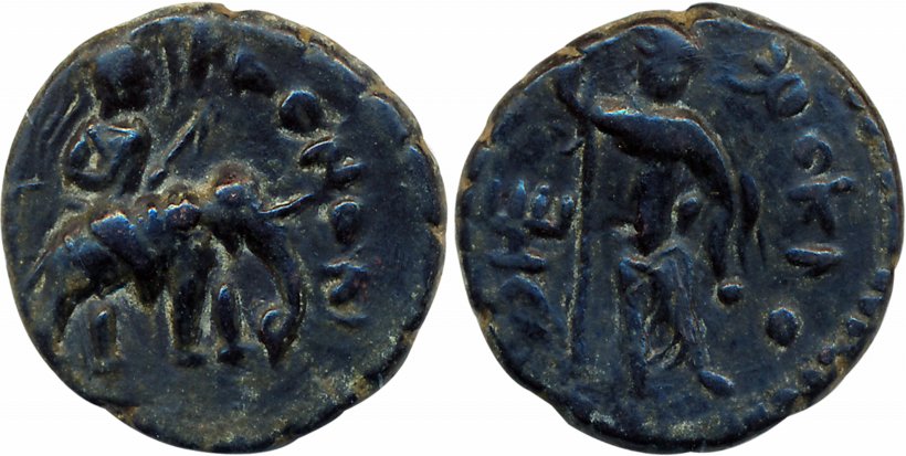 Kushans, Huvishka, Copper, 10.23g, Obv: King seated on Elephant holding Ankush, Rev: Male 