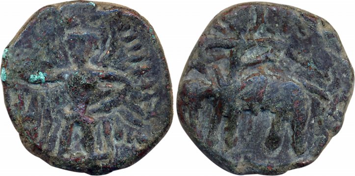 Kushans, Huvishka Posthumous, Copper, 8.63g, "Elephant rider" type, Obv: King riding on El