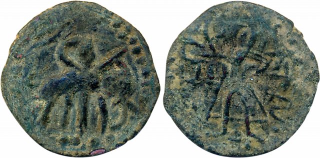 Kushans, Huvishka Posthumous, Copper, 1.66g, "Elephant rider" type, Obv: King riding on El