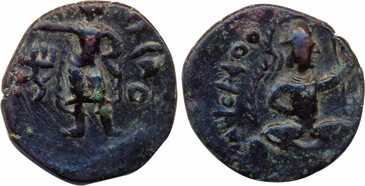 Kushans, Huvishka Posthumous, Copper, 7.29g, "Cross leg King" type. Patinated, very fine.