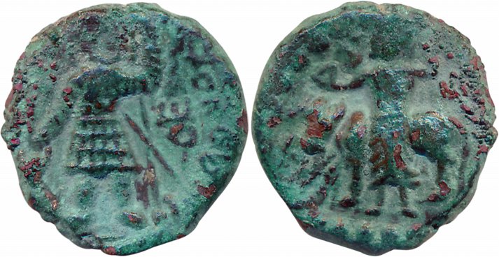 Kushans, Vasudeva I, Copper, 8.88g, Obv: King wearing armour standing facing, Nimbate, hol