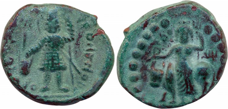 Kushans, Vasudeva I, Copper, 8.67g, "Taxila Series", Obv: King standing facing, holding tr