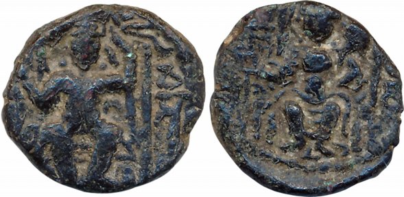 Kushans, Vasudev II, Copper, 4.17g, Obv: Enthroned King seated facing front both arms rais