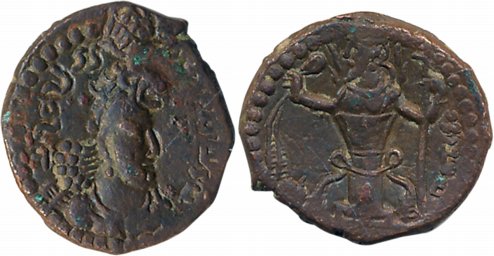 Kushan o Sasanians, Hormizd (Ohrmazd) I Kushanshah, Copper, 1.82g, Obv: Bust wearing Lion 