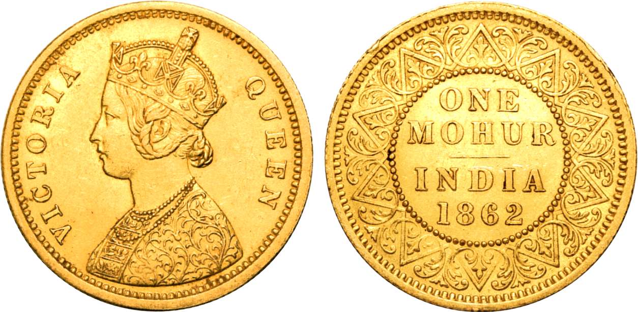 Victoria Queen, Gold, Mohur, 11.64g, 1862, Calcutta Mint, Obv: Crowned & robed bust to lef