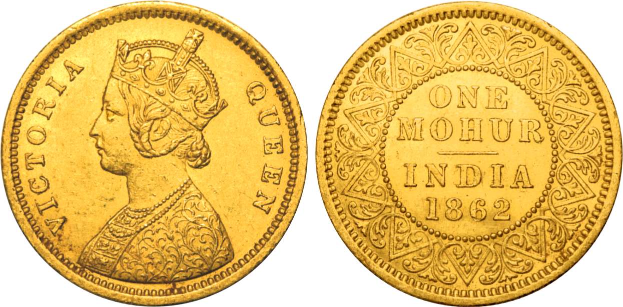 Victoria Queen, Gold, Mohur, 11.66g, 1862, Calcutta Mint, Obv: Crowned & robed bust to lef