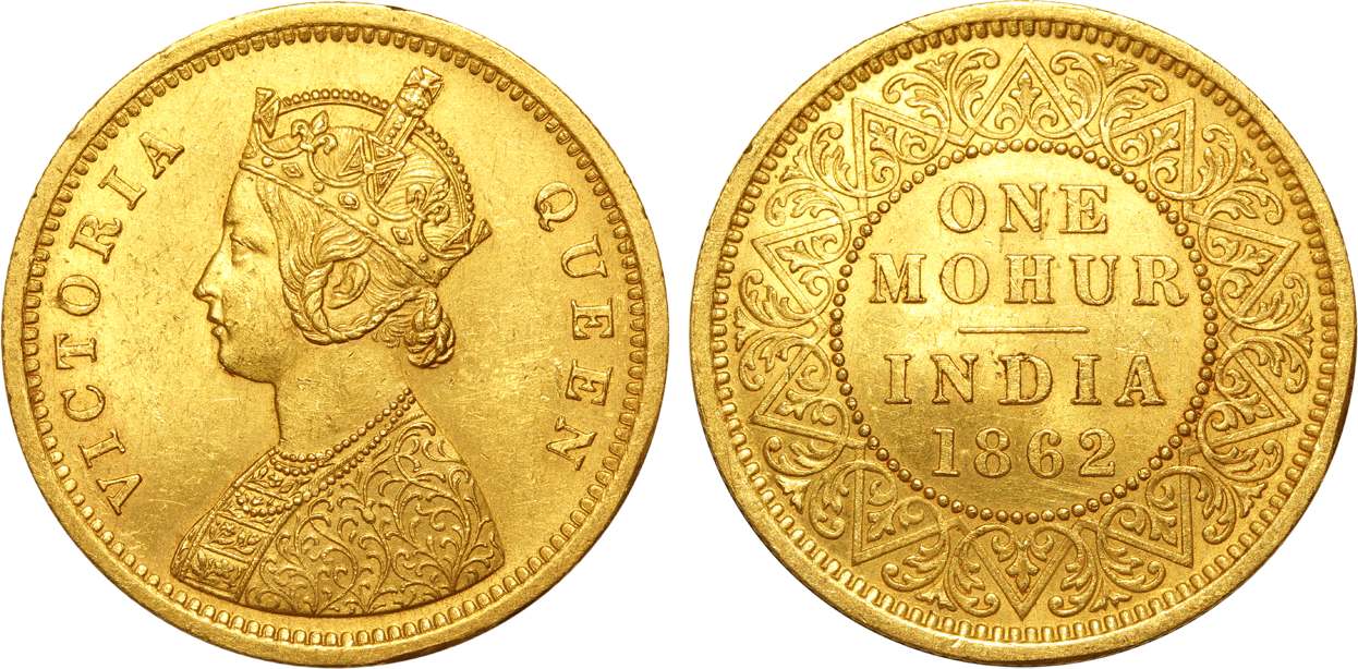 Victoria Queen, Gold, Mohur, 11.66g, 1862, Calcutta Mint, Obv: Crowned & robed bust to lef