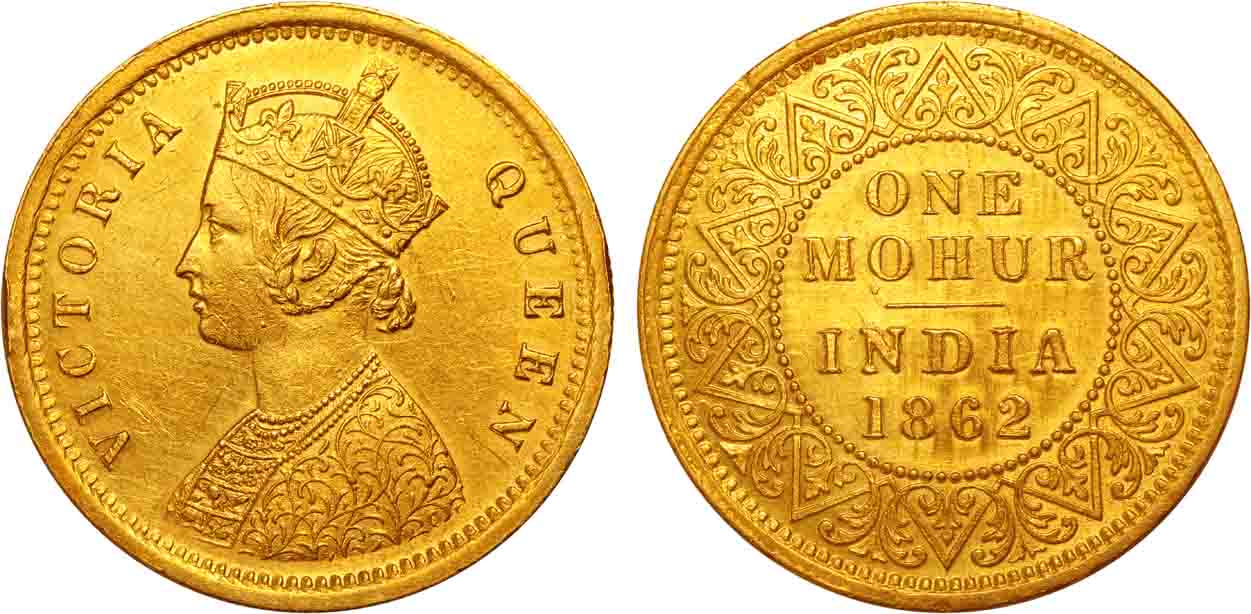 Victoria Queen, Gold, Mohur, 11.64g, 1862, Calcutta Mint, Obv: Crowned & robed bust to lef
