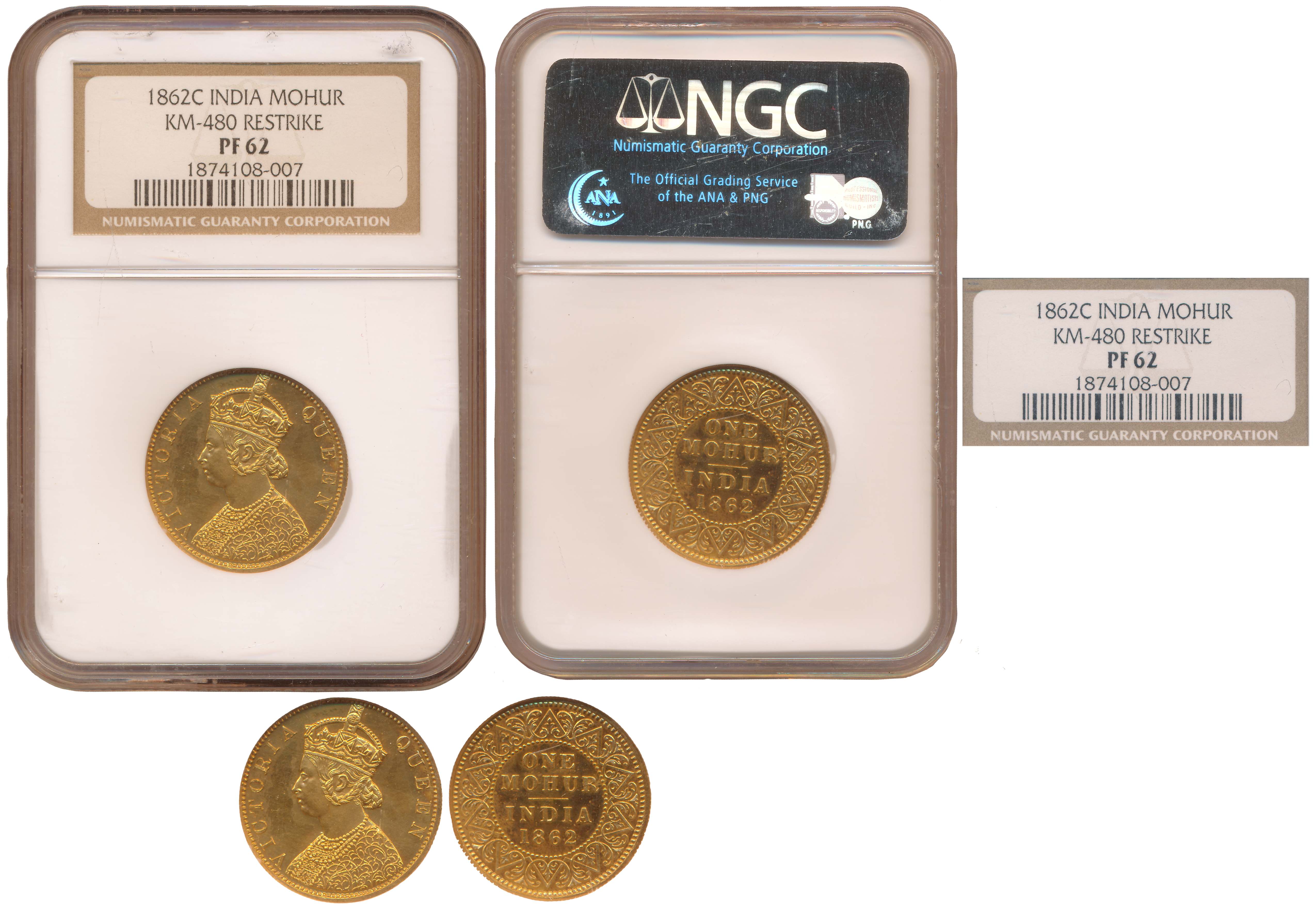 Victoria Queen, Proof Restrike, Gold, Mohur, 1862, Calcutta Mint, Obv: Mature & robed bust