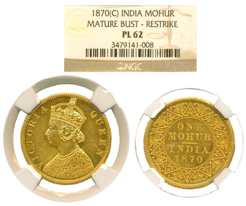 Victoria Queen, Restrike, Gold, Mohur, 1870, Calcutta Mint, Obv: Crowned & robed bust with