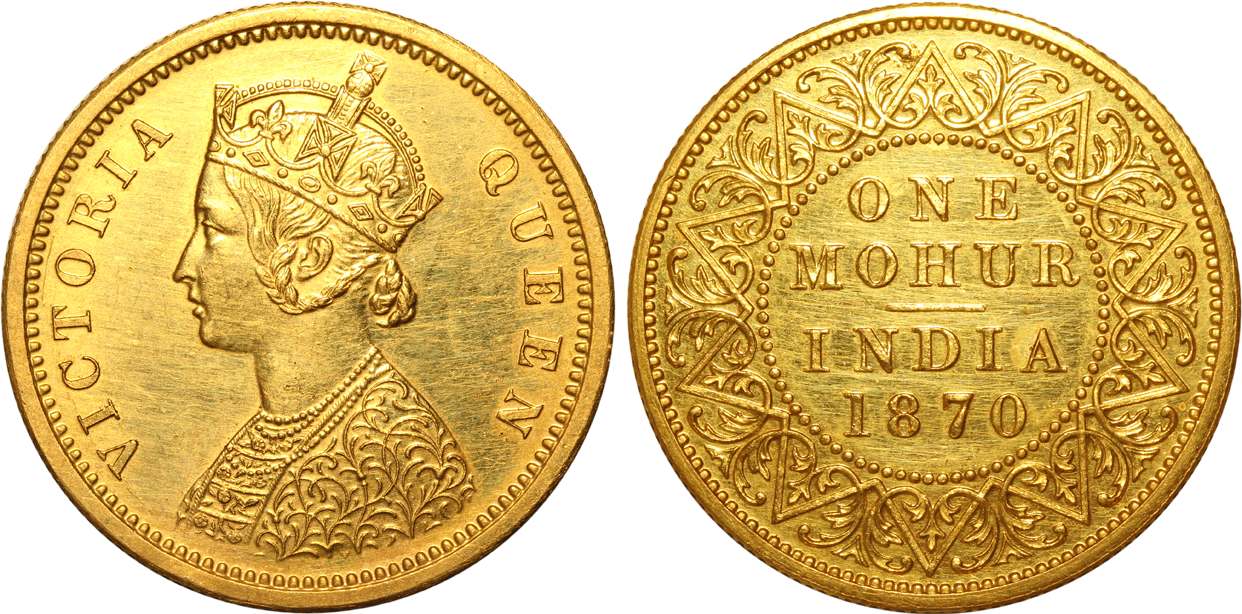 Victoria Queen, Restrike, Gold, Mohur, 11.66g, 1870, Calcutta Mint, Obv: Crowned & robed b