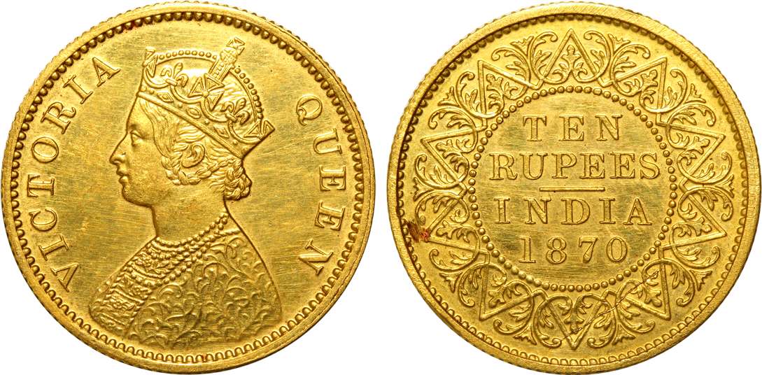Victoria Queen, Proof, Gold, Ten Rupees, 7.78g, 1870, Calcutta Mint, Obv: Crowned & finely