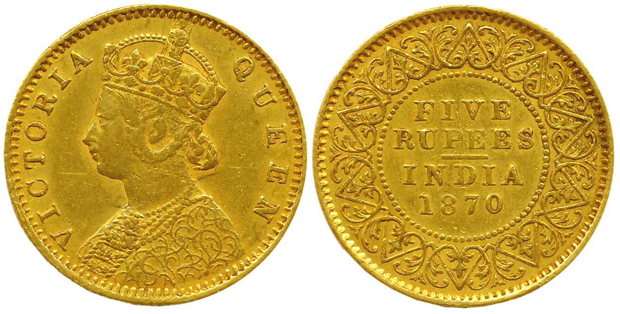Victoria Queen, Gold, Five Rupees, 3.86g, 1870, Calcutta Mint, Obv: Crowned & robed bust t