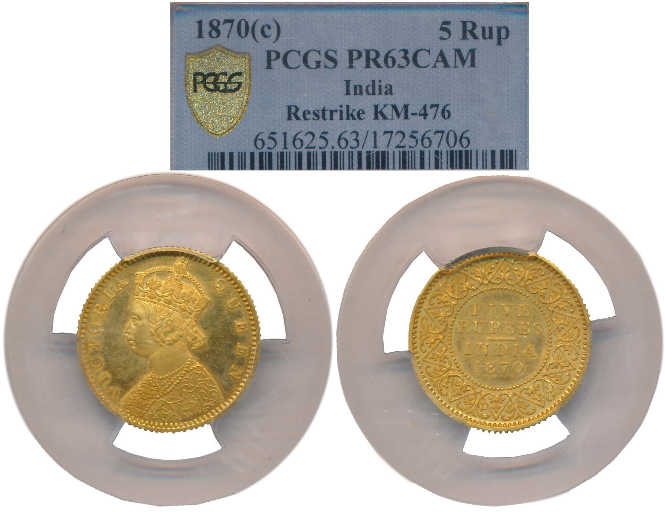 Victoria Queen, Cameo Proof Restrike, Gold, Five Rupees, 1870, Calcutta Mint, Obv: Crowned