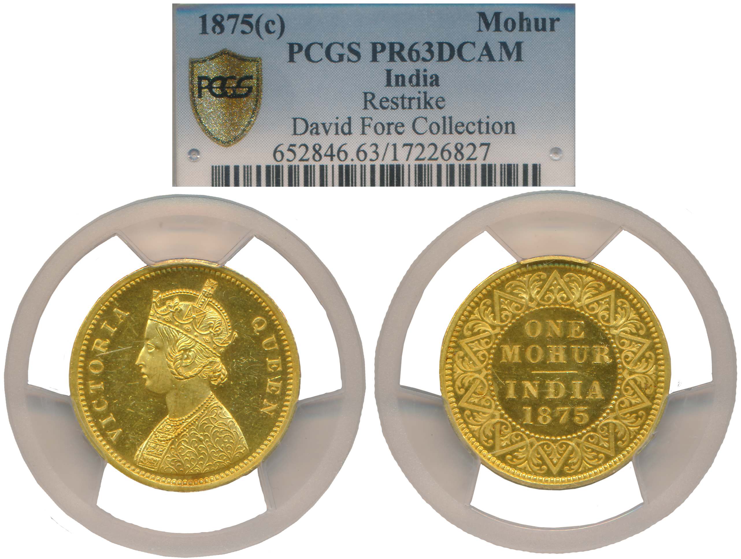 Victoria Queen, Cameo Proof Restrike, Gold Mohur, 1875, Calcutta Mint, Obv: Crowned & robe