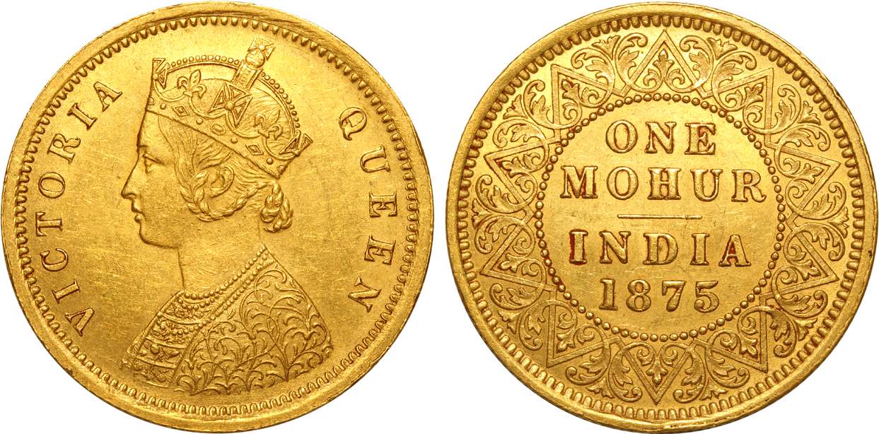 Victoria Queen, Gold Mohur, 11.66g, 1875, Calcutta Mint, Obv: Crowned & robed bust with fu