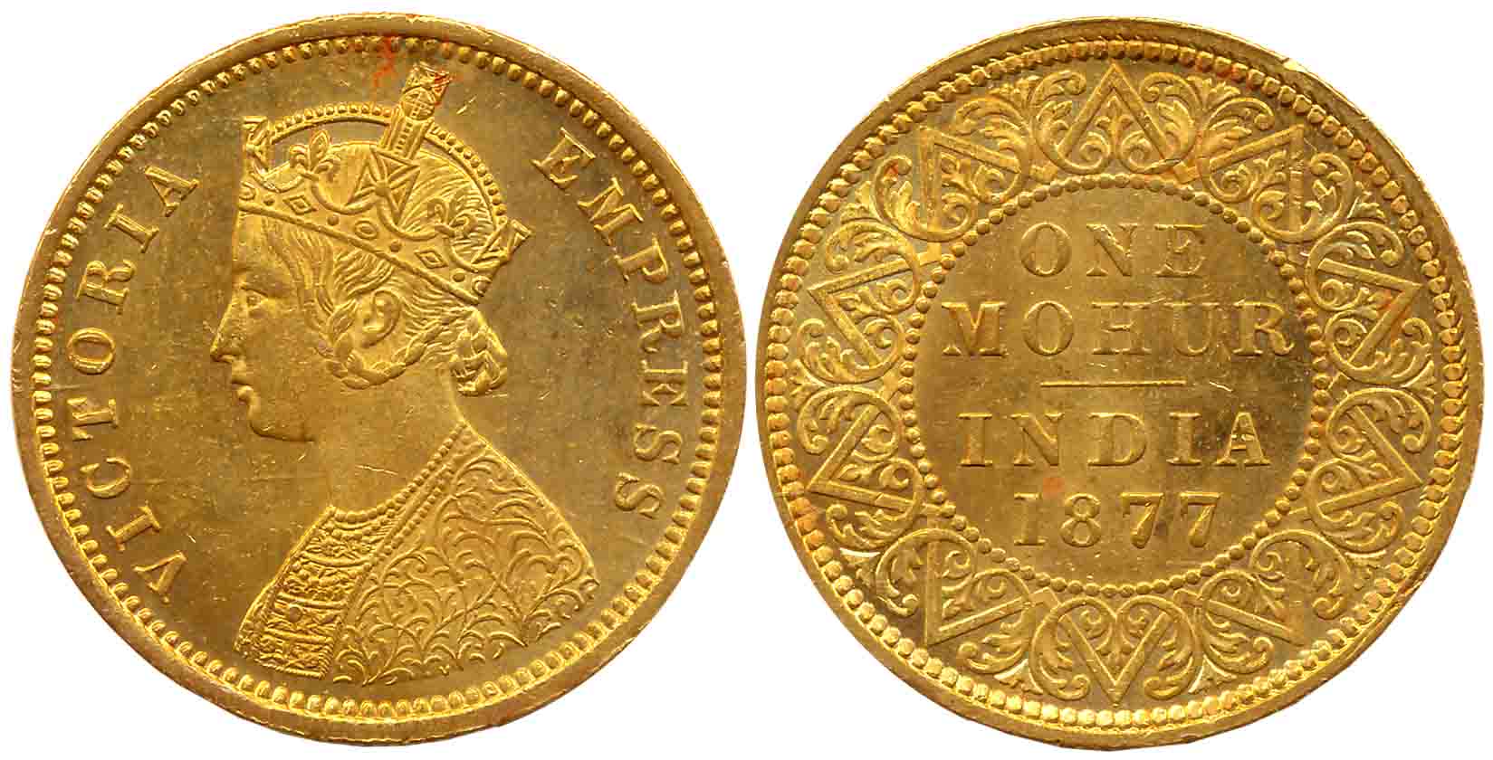 Victoria Empress, Gold Mohur, 11.66g, 1877, Calcutta Mint, Obv: Crowned & robed bust to le