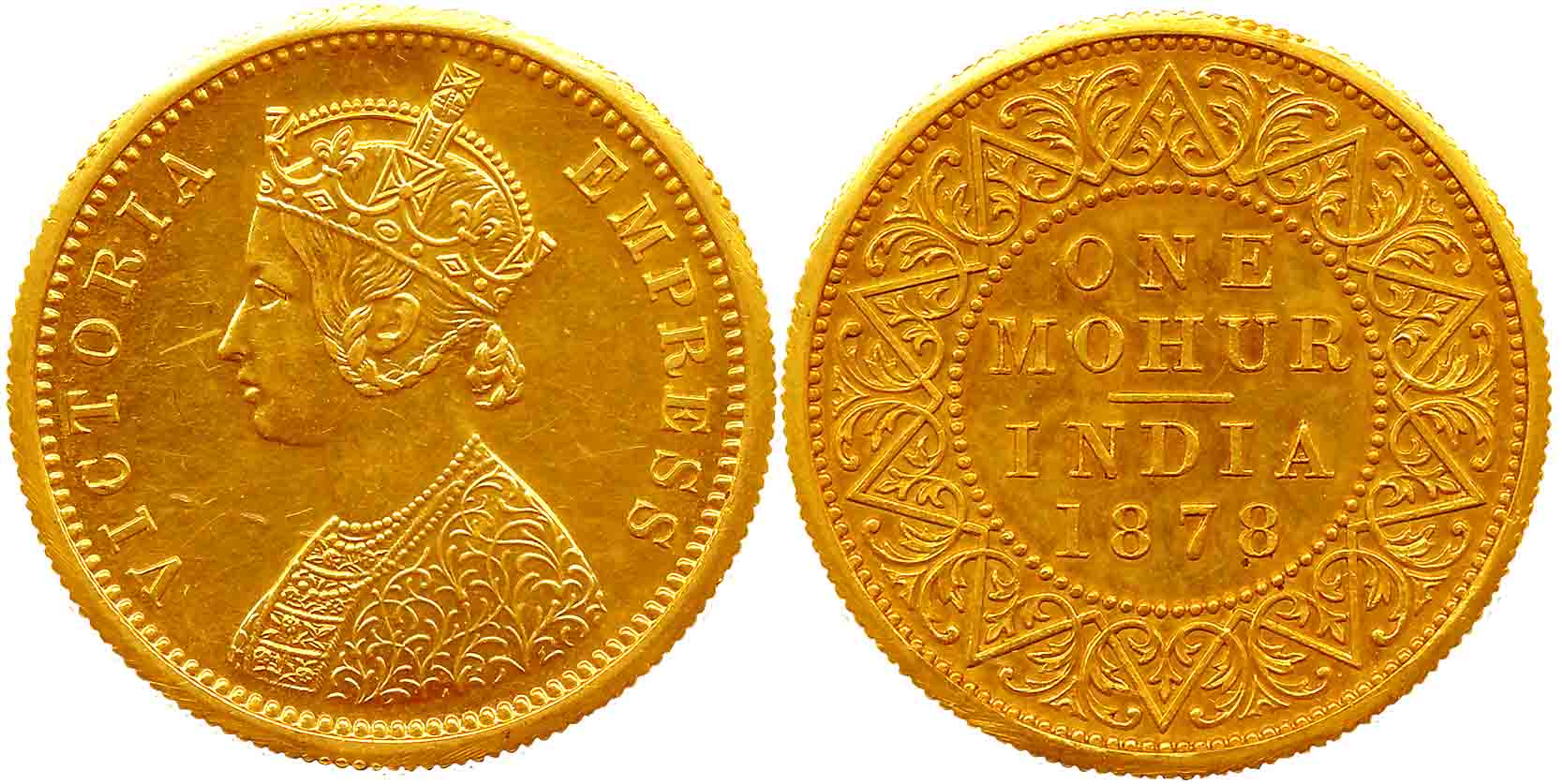 Victoria Empress, Restrike, Gold, Mohur, 11.66g, 1878, Bombay Mint, Obv: Crowned & robed b