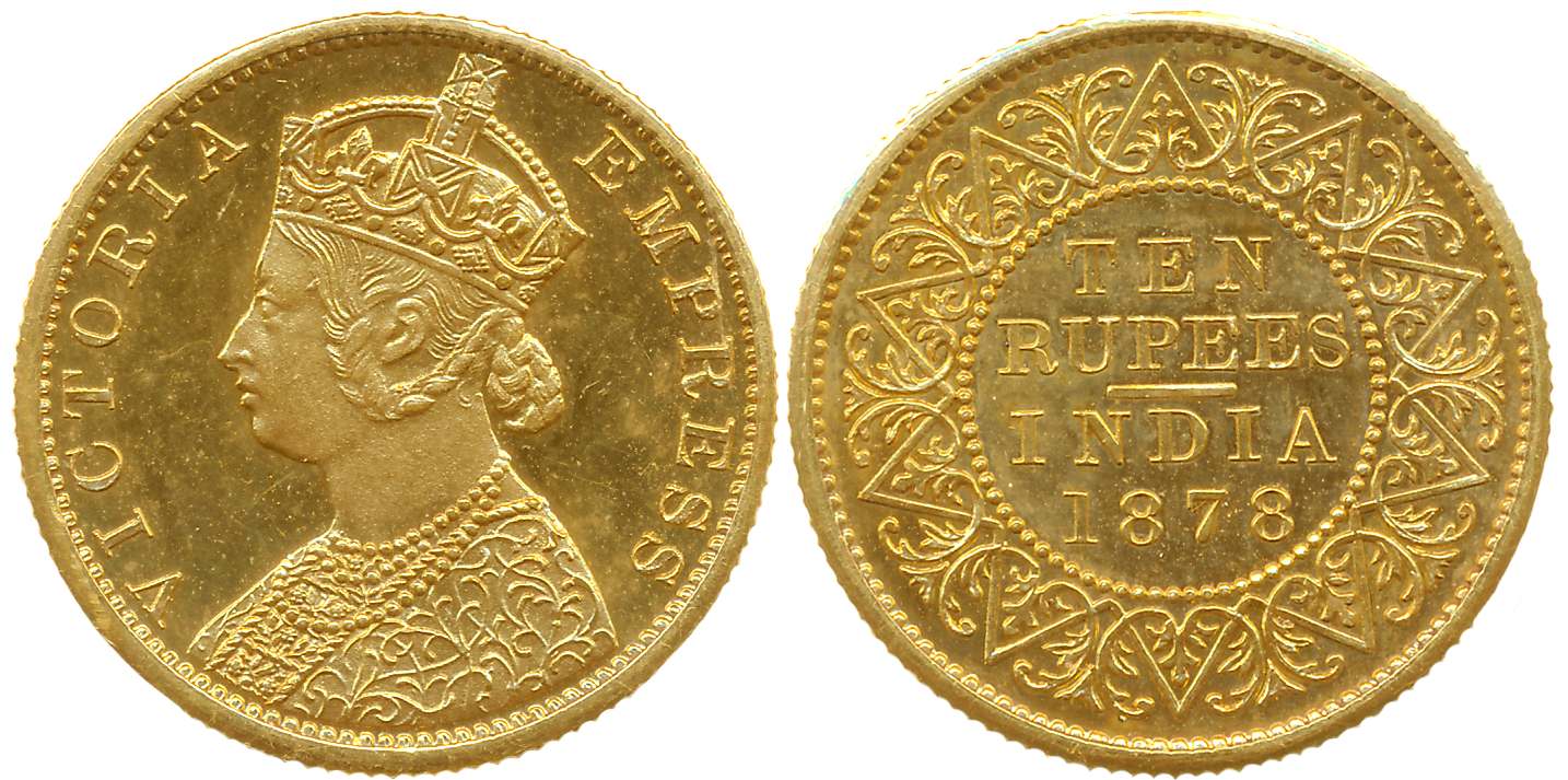 Victoria Empress, Proof Restrike, Gold, Ten Rupees, 7.80g, 1878, Bombay Mint, Obv: Crowned