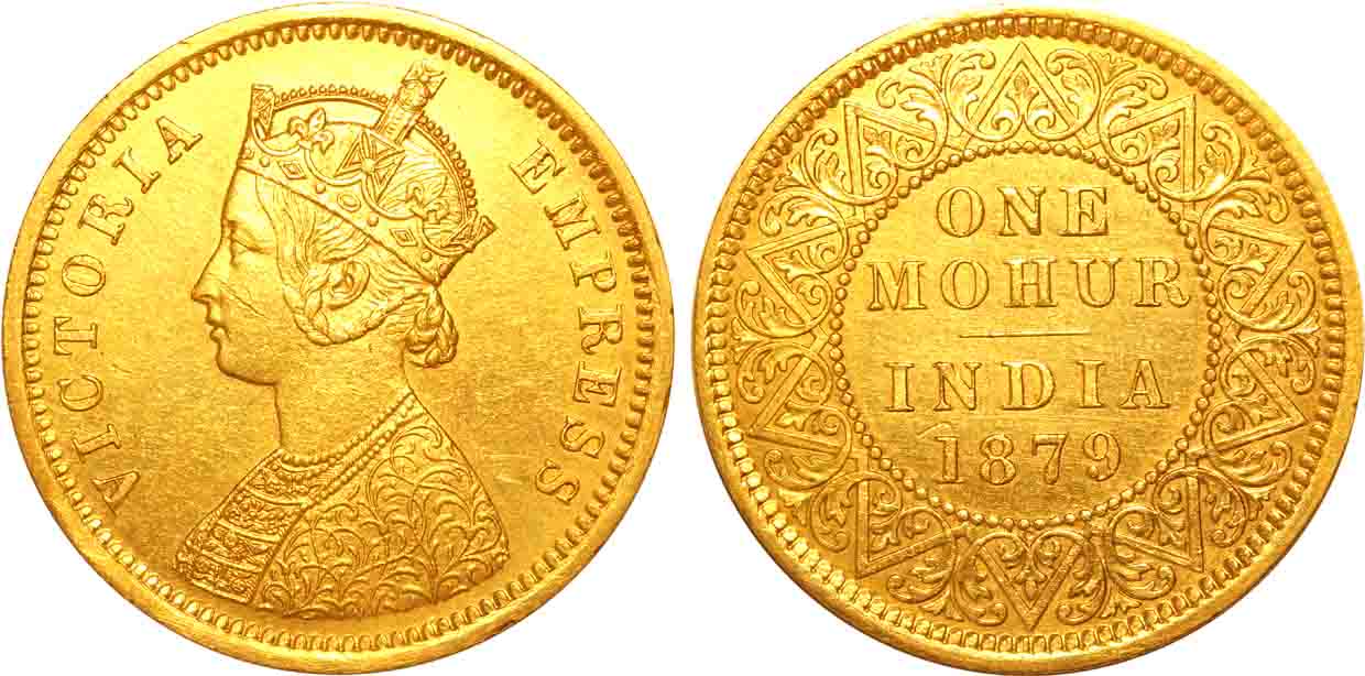 Victoria Empress, Gold, Mohur, 11.66g, 1879, Calcutta Mint, Obv: Crowned & robed bust to l