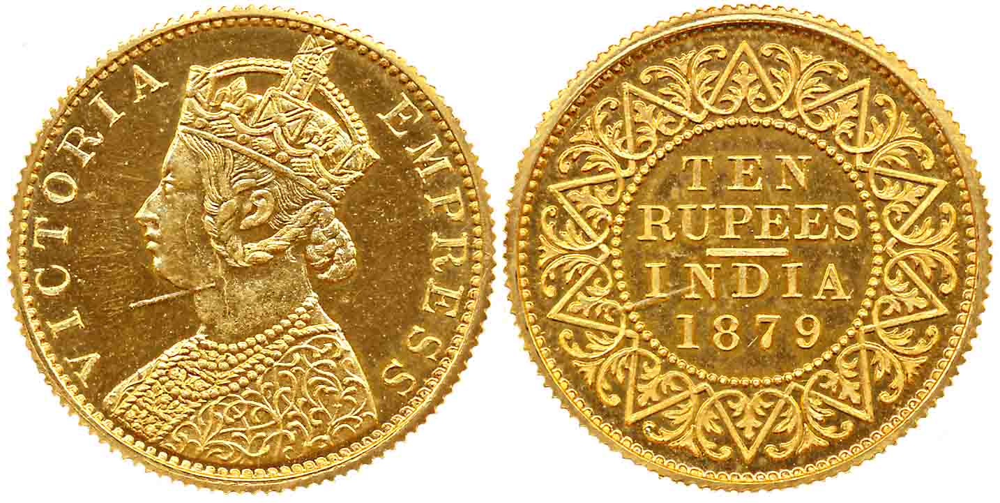 Victoria Empress, Proof Restrike, Gold, Ten Rupees, 7.60g, 1879, Bombay Mint, Obv: Crowned