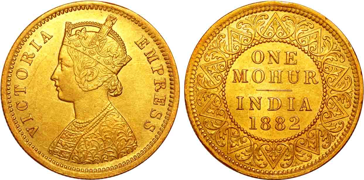 Victoria Empress, Gold, Mohur, 11.64g, 1882, Calcutta Mint, Obv: Crowned & robed bust to l