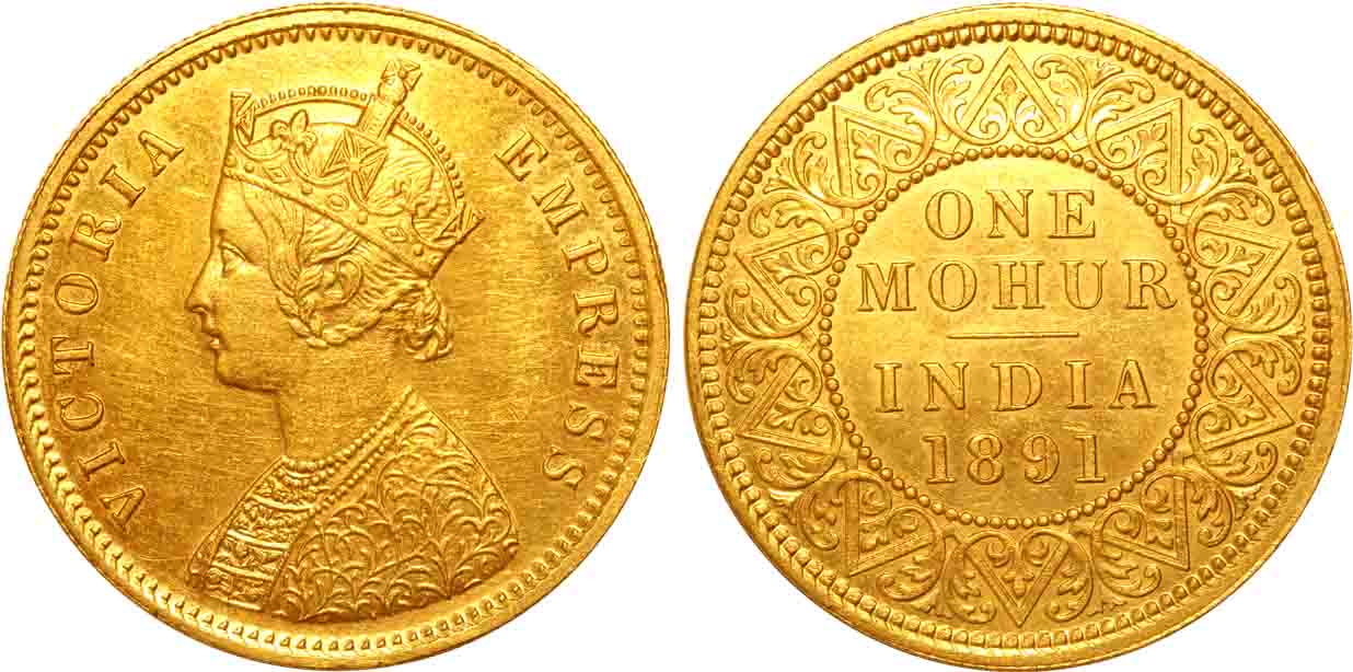 Victoria Empress, Gold Mohur, 11.66g, 1891, Calcutta Mint, Obv: Crowned & robed bust to le