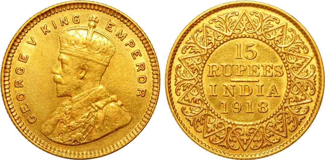 George V, Gold, 15 Rupees, 7.97g, 1918, Bombay Mint, Obv: Crowned & robed bust to left, “B