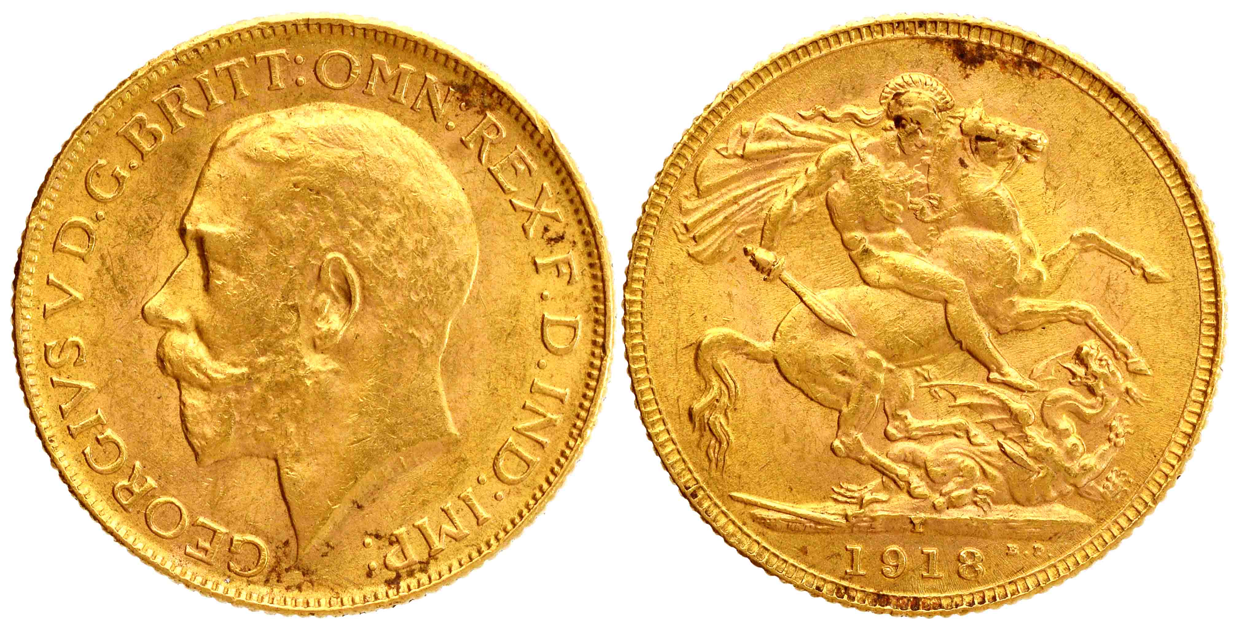 George V, Gold, Sovereign, 7.98g, 1918, Bombay Mint, “I” Mint Mark, Obv: Head facing to le
