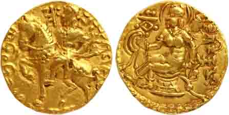 Guptas, Chandra Gupta II, Gold Dinar, 7.93g, “Horseman” type, Obv: King riding to left on 