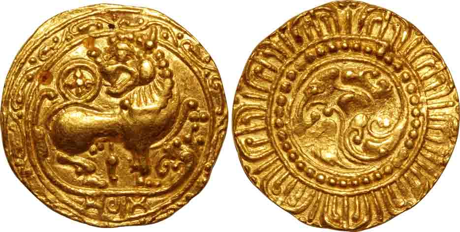 Kadambas of Hangal, Gold Varaha, 4.31g, Obv: Lion to right with upraise paw facing back wi