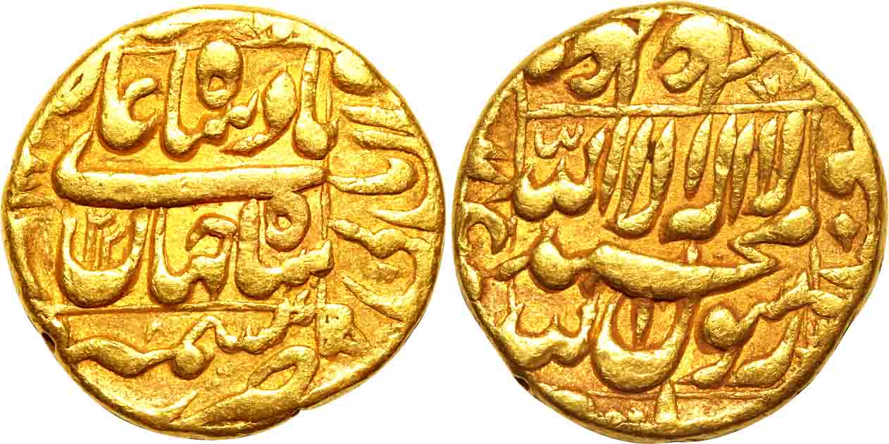 Shah Jahan, Gold, Mohur, 10.89g, Kashmir mint, RY 22, central inscription within square, k