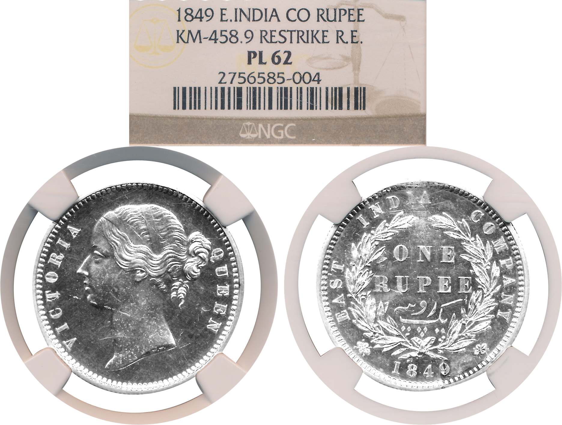 Victoria Queen, Proof Restrike, Silver Rupee, 1849, Obv: Bust facing to left, W.W. incuse 