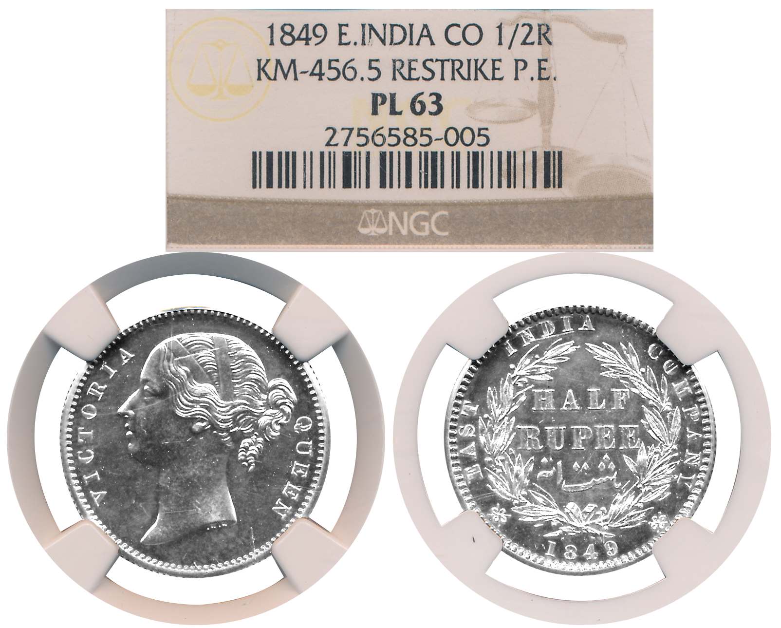 Victoria Queen, Proof Restrike, Silver, Half Rupee, 1849, Obv: Bust facing to left, W.W. i