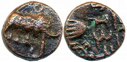 City State Ujjaini, Inscribed Copper, 1/2 Unit, 2.40g,Obv: Brahmi legend “(U)jeniya” betwe