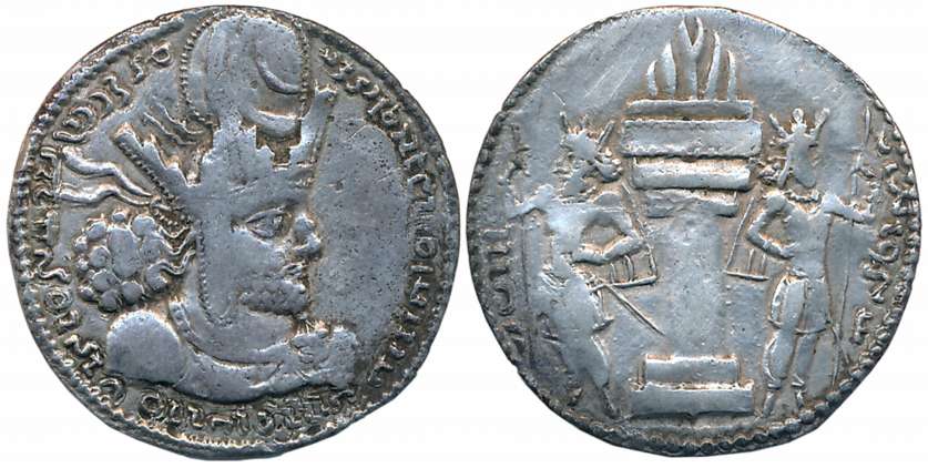 Shapur I, Silver Drachma, 3.92g, Obv: Bearded Bust of king wearing crenelated crown with e